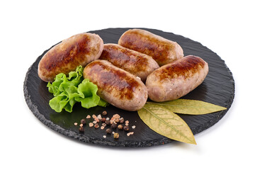 Grilled pork bangers, isolated on white background.