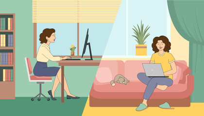 Business woman at hybrid job sitting at table between office and home cozy environment, vector illustration in flat cartoon style - obrazy, fototapety, plakaty