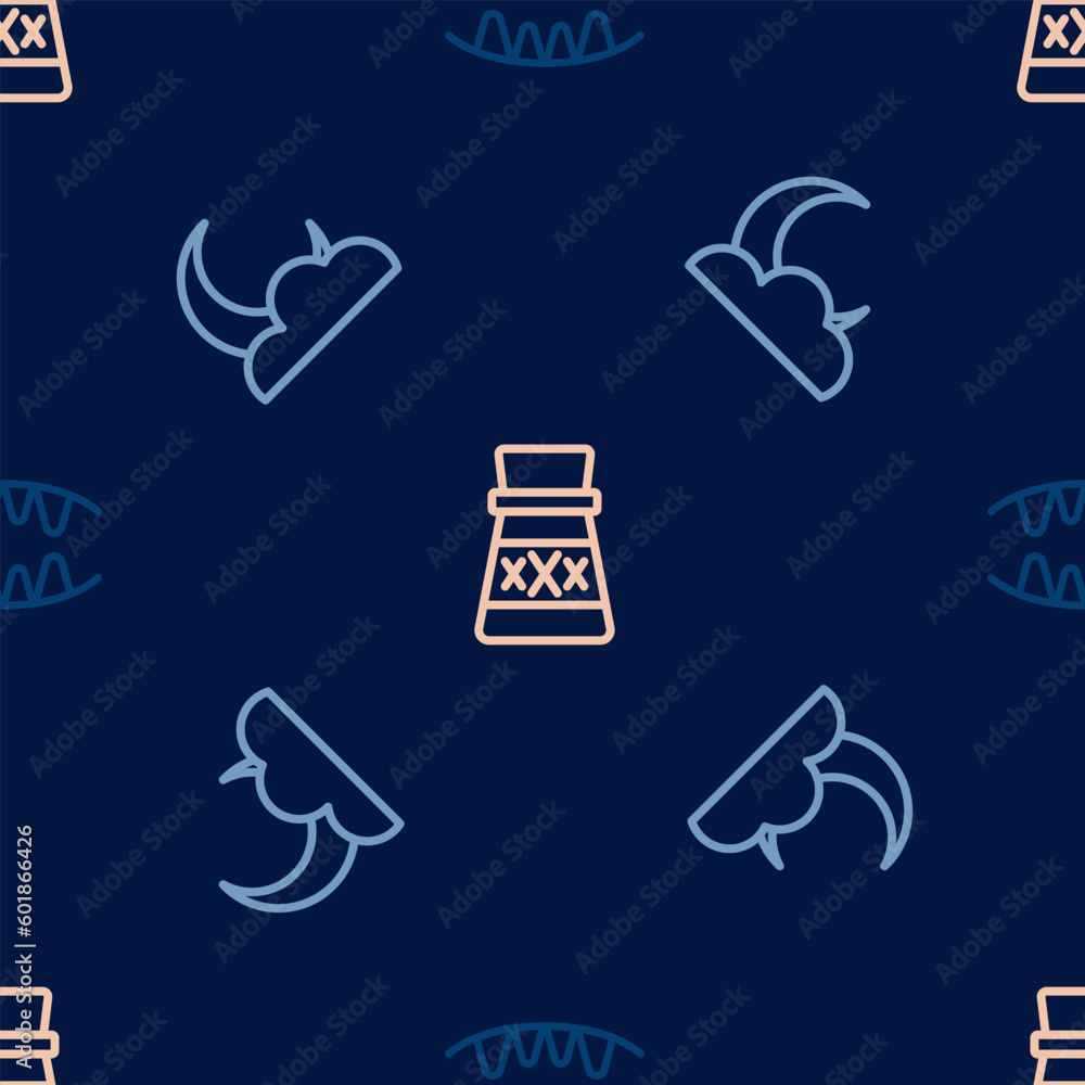 Poster set line vampire teeth, moon and stars and bottle with potion on seamless pattern. vector