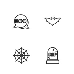 Set line Tombstone with RIP written, Spider web, Boo speech bubble and Flying bat icon. Vector