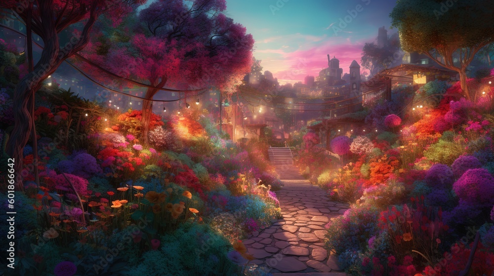 Poster an image depicting a garden with many plants and trees in it generative ai