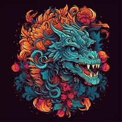 chinese dragon tattoo Vintage. Creative image, vibrant colors. AI generated image.