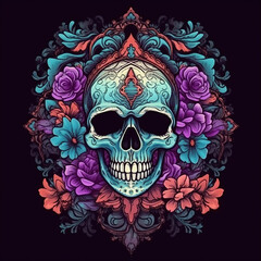 creative skull tattoo, gothic, fine lines, modern design trend. Vibrant colors. AI generated image.