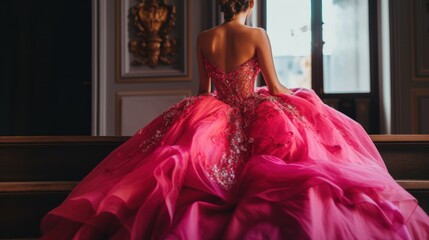 A woman in a pink dress sitting on a staircase. Generative AI image.