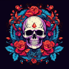 creative skull tattoo, gothic, fine lines, modern design trend. Vibrant colors. AI generated image.