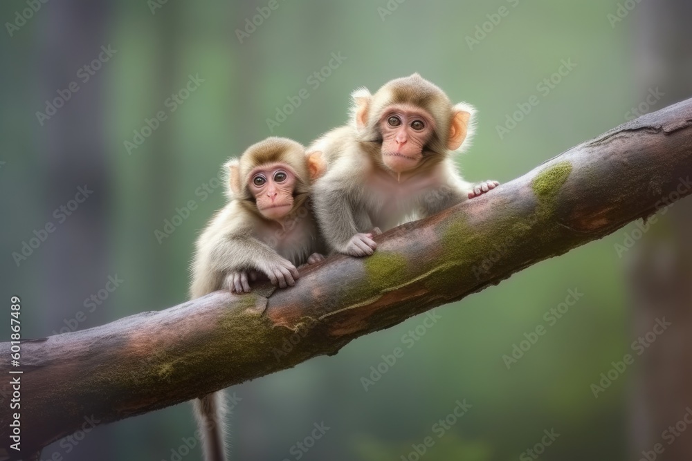 Poster two monkeys perched on a tree branch in a jungle setting generative ai