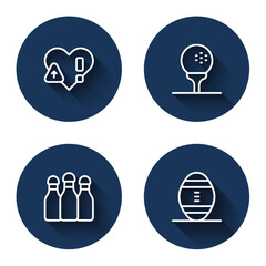 Set line Heart rate, Golf ball on tee, Bowling pin and American Football with long shadow. Blue circle button. Vector