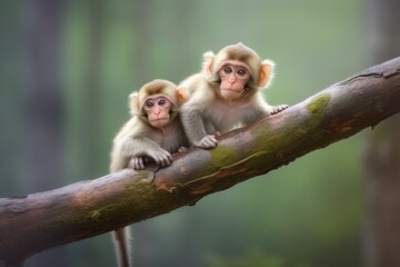 Naklejka na ściany i meble two monkeys perched on a tree branch in a jungle setting Generative AI