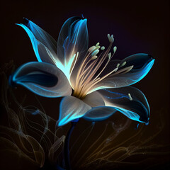 Obraz premium Lily flower. Shining magical neon flower isolated on a black background.