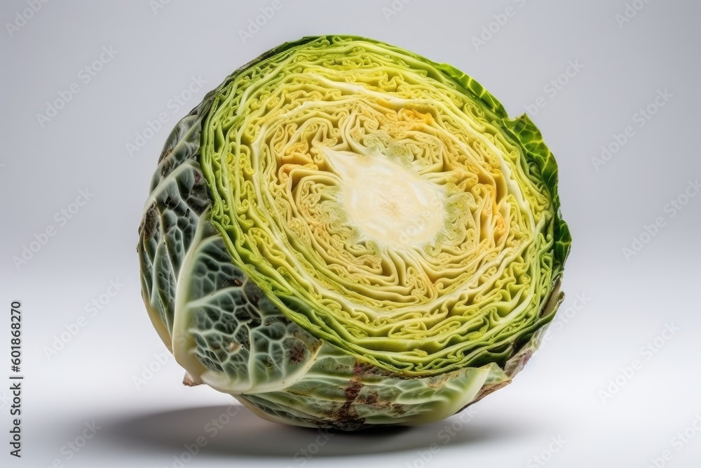 Poster close-up view of a fresh green cabbage on a plain white background generative ai