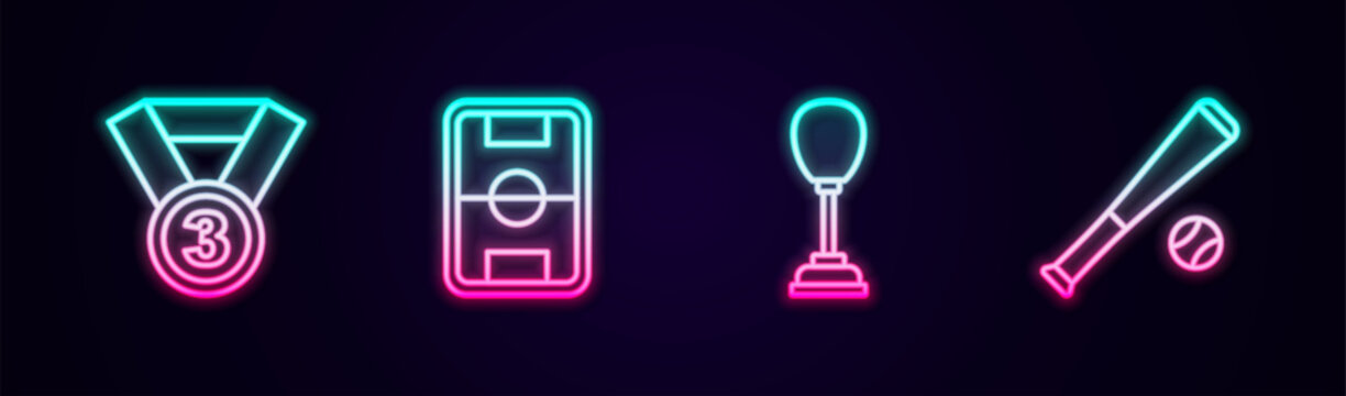 Set line Medal, Football field, Punching bag and Baseball bat with. Glowing neon icon. Vector