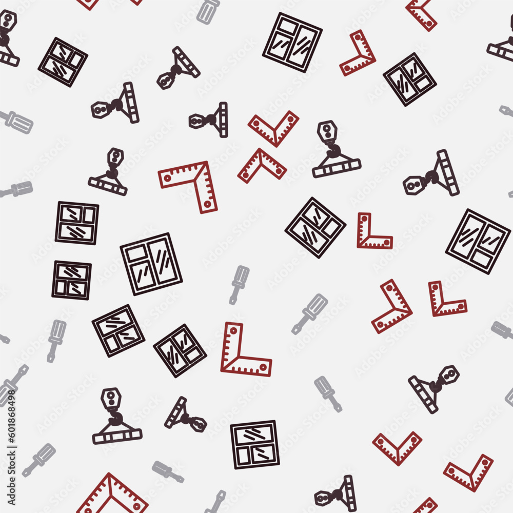 Poster set line window in room, crane hook, screwdriver and corner ruler on seamless pattern. vector