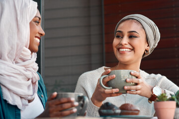 Relax, coffee and muslim women in cafe for conversation, food and social. Happy, relax and culture with arabic female customer drinking tea in restaurant for discussion, happiness and meeting