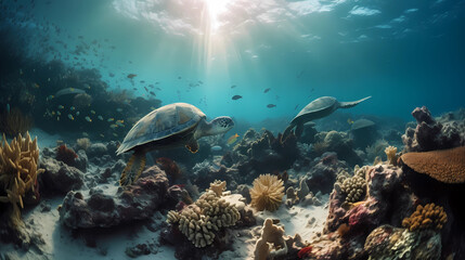 Naklejka na ściany i meble coral reef with turtle