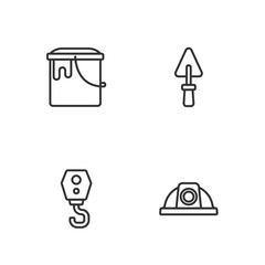 Set line Worker safety helmet, Crane hook, Paint bucket and Trowel icon. Vector