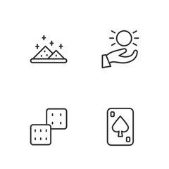 Set line Playing cards, Game dice, Magic powder and Ball levitating above hand icon. Vector