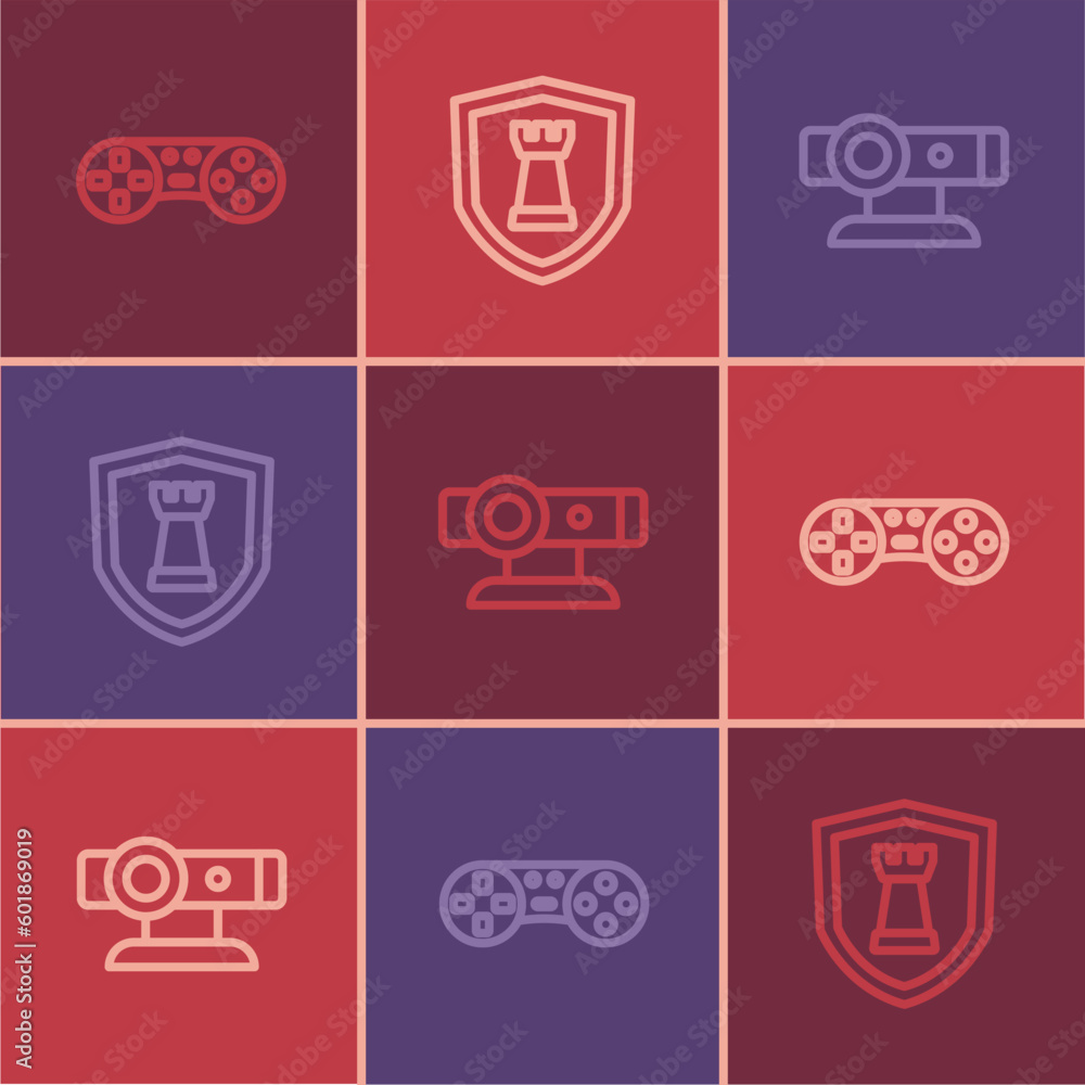 Poster set line game controller or joystick, web camera and chess shield icon. vector