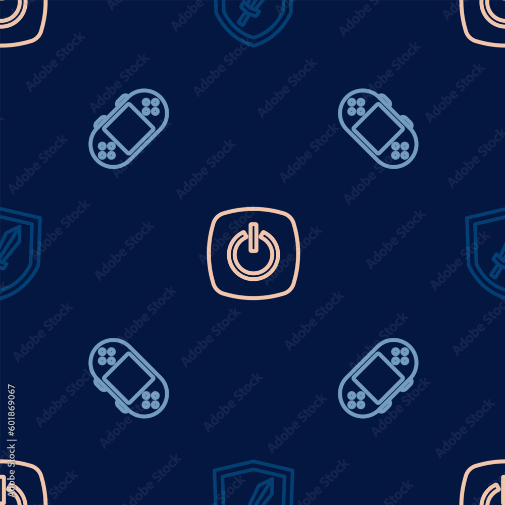 Poster set line sword for game, portable video console and power button on seamless pattern. vector