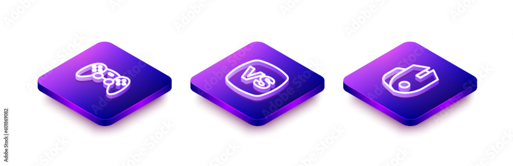 Poster set isometric line game controller or joystick, vs versus battle and computer mouse icon. vector