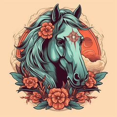 pony tattoo, fine lines, modern design trend. Vibrant colors. AI generated image.