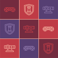 Set line Game controller or joystick, Web camera and Chess shield icon. Vector