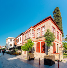 Turkey. Street in the city of Antalya. Old street. An old restored house at sunset.