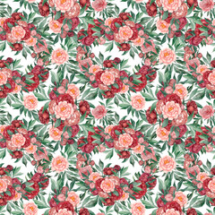 Fototapeta na wymiar Seamless floral pattern with peonies and leaves, watercolor illustration. Template design for textiles, interior, clothes, wallpaper