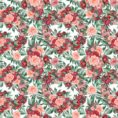 Seamless floral pattern with peonies and leaves, watercolor illustration. Template design for textiles, interior, clothes, wallpaper