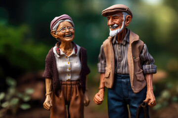 Fototapeta premium Miniature toy people figurines of happy elderly senior couple in warm clothes standing outdoors at autumn, created with Generative AI.