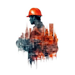 civil engineering worker silhouette cityscape, double exposure, graphic design, building engineers, architect, construction workers, generative ai