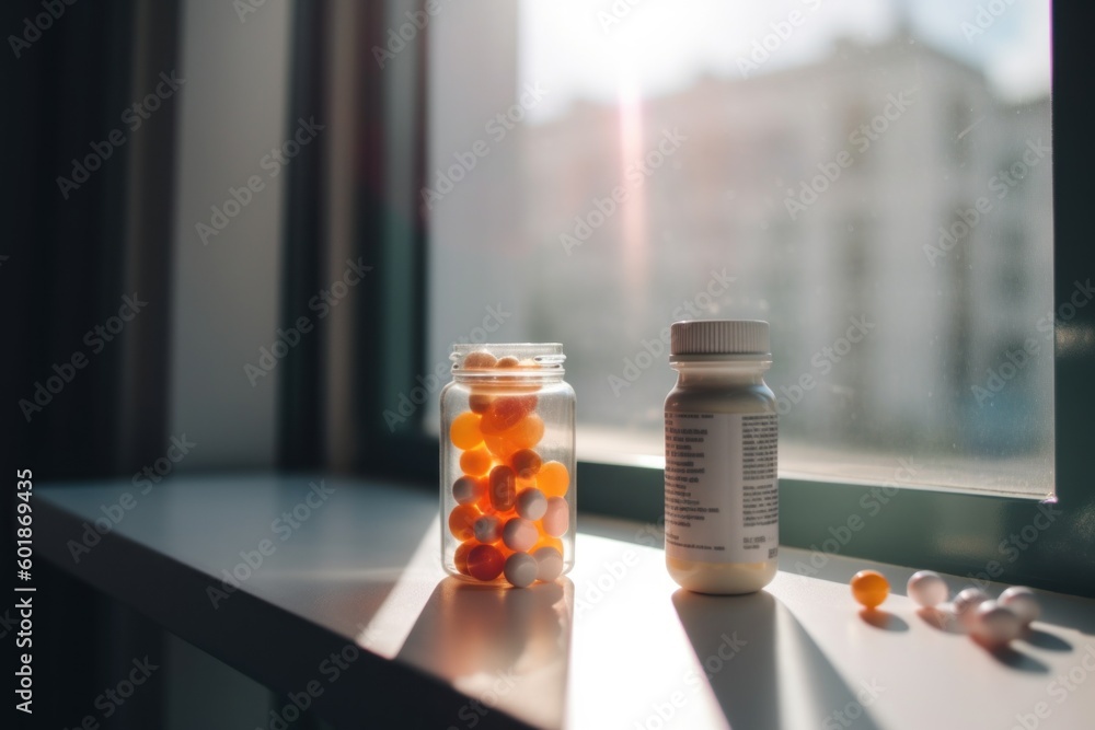Poster a jar of pills and a bottle of pills on a window sill. generative ai image.