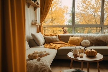 Fototapeta na wymiar cozy living room with a large window and comfortable furniture Generative AI