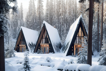 A group of cabins in the middle of a snow covered forest. Generative AI.