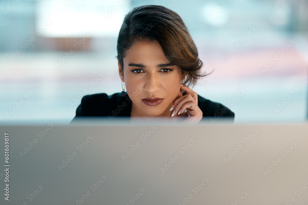 Poster business woman, computer and thinking, reading or online management for software data, review or sol