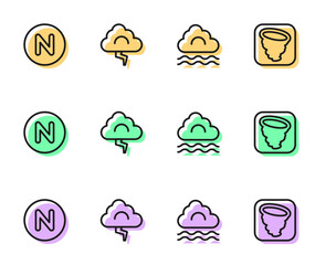 Set line Fog and cloud, Compass north, Cloud lightning and Tornado icon. Vector