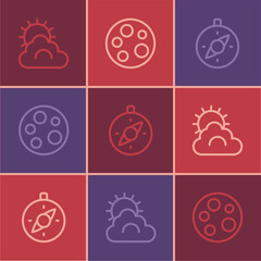 Set line Sun and cloud weather, Compass and Moon icon. Vector