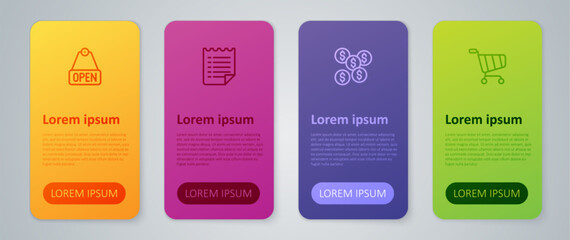 Set line Dollar symbol, Shopping cart, Hanging sign with text Open and Wish list template. Business infographic template. Vector