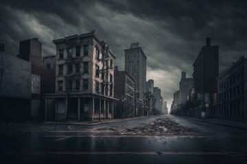 A dark and gloomy city skyline with empty streets, Desolate Cityscape: The Calm Before the Storm, Generative AI