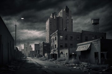 A dark and gloomy cityscape with abandoned buildings, Forgotten City: A Surreal Post-Apocalyptic Landscape, Generative AI