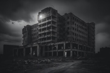 A dark and gloomy cityscape with abandoned buildings, Forgotten City: A Surreal Post-Apocalyptic Landscape, Generative AI