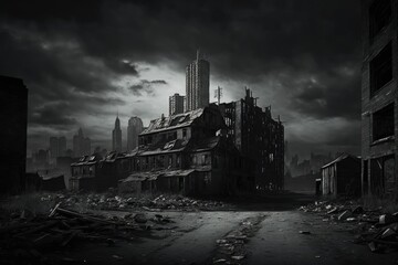 A dark and gloomy cityscape with abandoned buildings, Forgotten City: A Surreal Post-Apocalyptic Landscape, Generative AI
