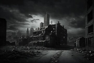 A dark and gloomy cityscape with abandoned buildings, Forgotten City: A Surreal Post-Apocalyptic Landscape, Generative AI