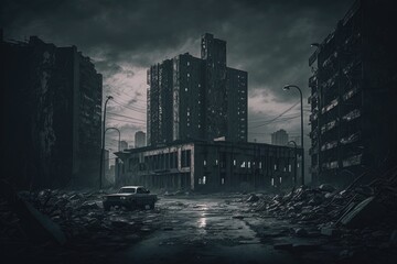 A dark and gloomy cityscape with abandoned buildings, Forgotten City: A Surreal Post-Apocalyptic Landscape, Generative AI