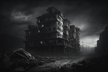 A dark and gloomy cityscape with abandoned buildings, Forgotten City: A Surreal Post-Apocalyptic Landscape, Generative AI
