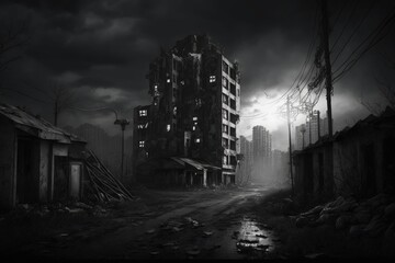 A dark and gloomy cityscape with abandoned buildings, Forgotten City: A Surreal Post-Apocalyptic Landscape, Generative AI
