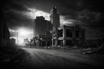 A dark and gloomy cityscape with abandoned buildings, Forgotten City: A Surreal Post-Apocalyptic Landscape, Generative AI