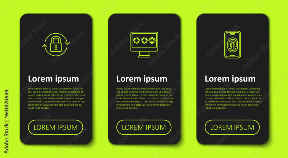 Poster set line lock, monitor with password and mobile fingerprint scanner. business infographic template. 