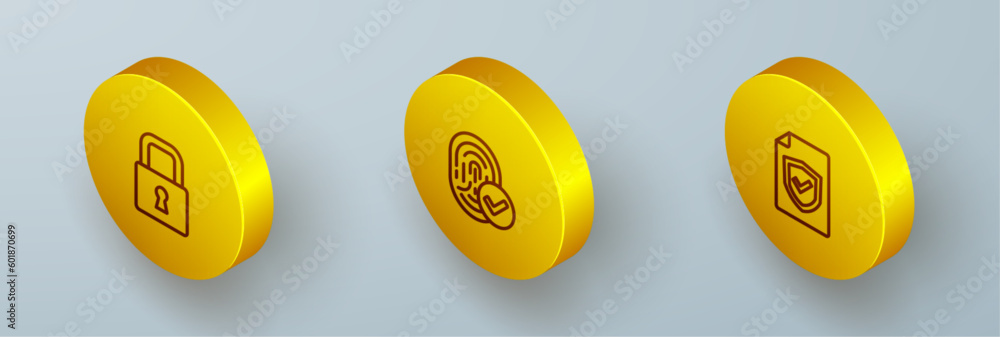 Poster set isometric line lock, fingerprint and contract with shield icon. vector