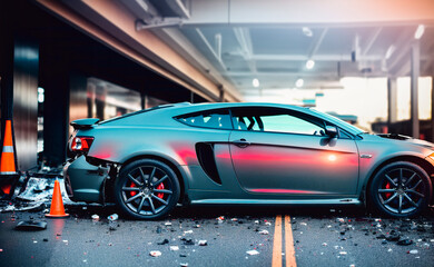 Car accident on the road after collision with another car on the road. Generative AI.