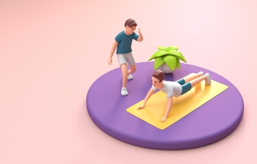 Instructor with a Man Doing Plank. 3D Illustration
